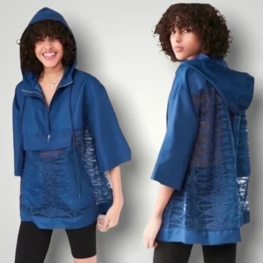 KIMCHI BLUE Women Popover Hood Short Sleeve Lace Jacket Windbreaker Sz L Blue